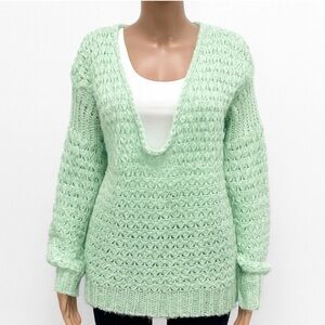 Free People Mint Green Open Knit Sweater XS Oversized Slouchy Boho Pullover